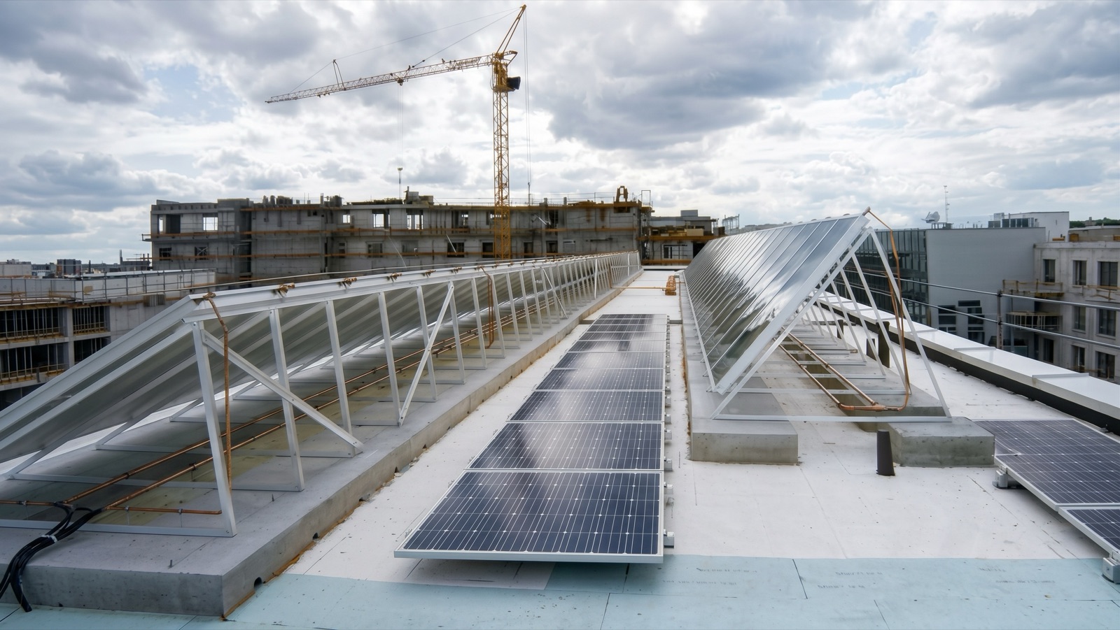 Flachdach mit aufgeständerten Solarthermie-Kollektoren und Photovoltaikmodulen, im Hintergrund ein Neubau mit Baukran